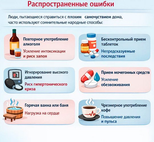 Инфографика Распространенные ошибки при снятии похмельного синдрома